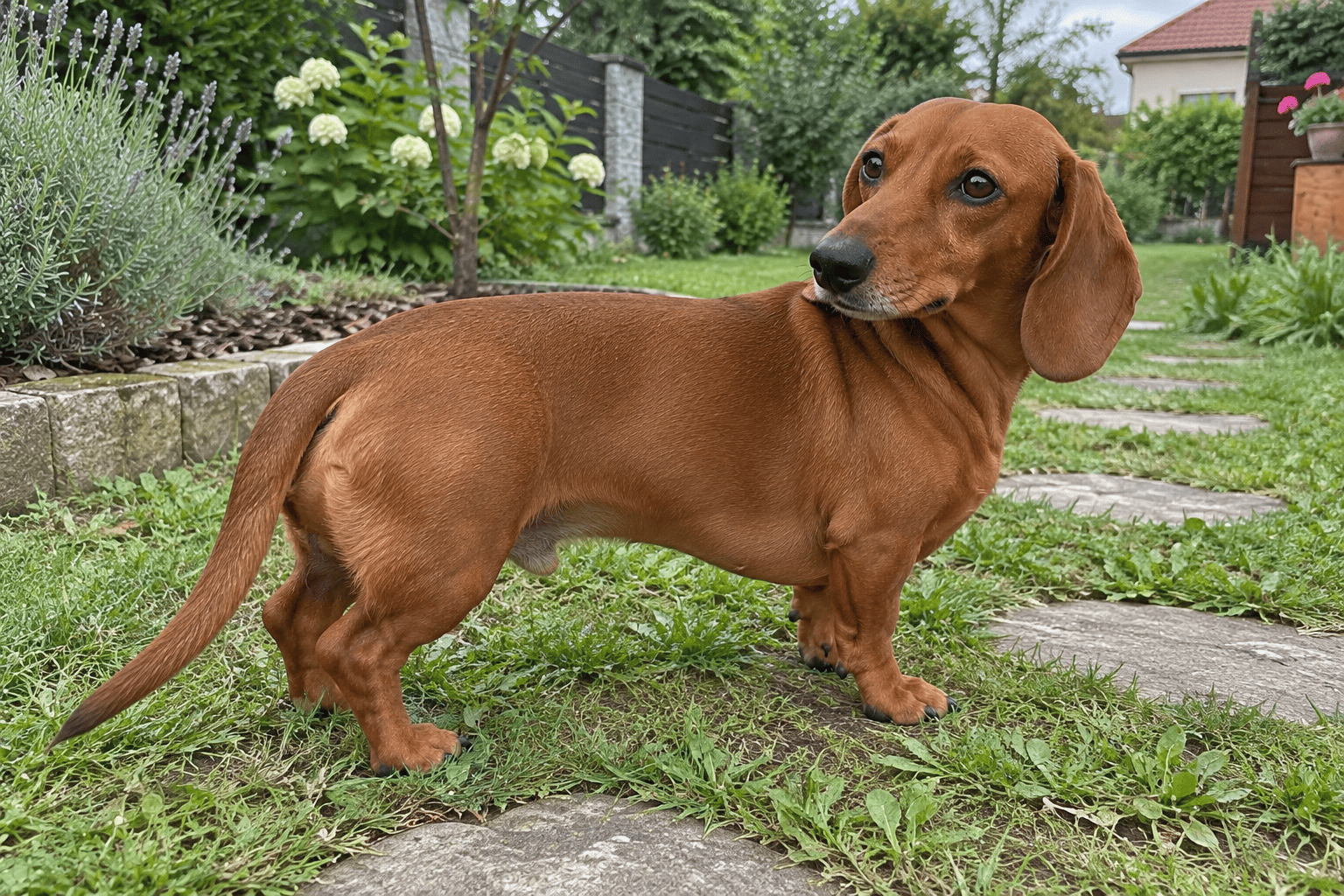 Dospelý jazvečík odpočíva doma a majiteľ si všíma jeho papuľu